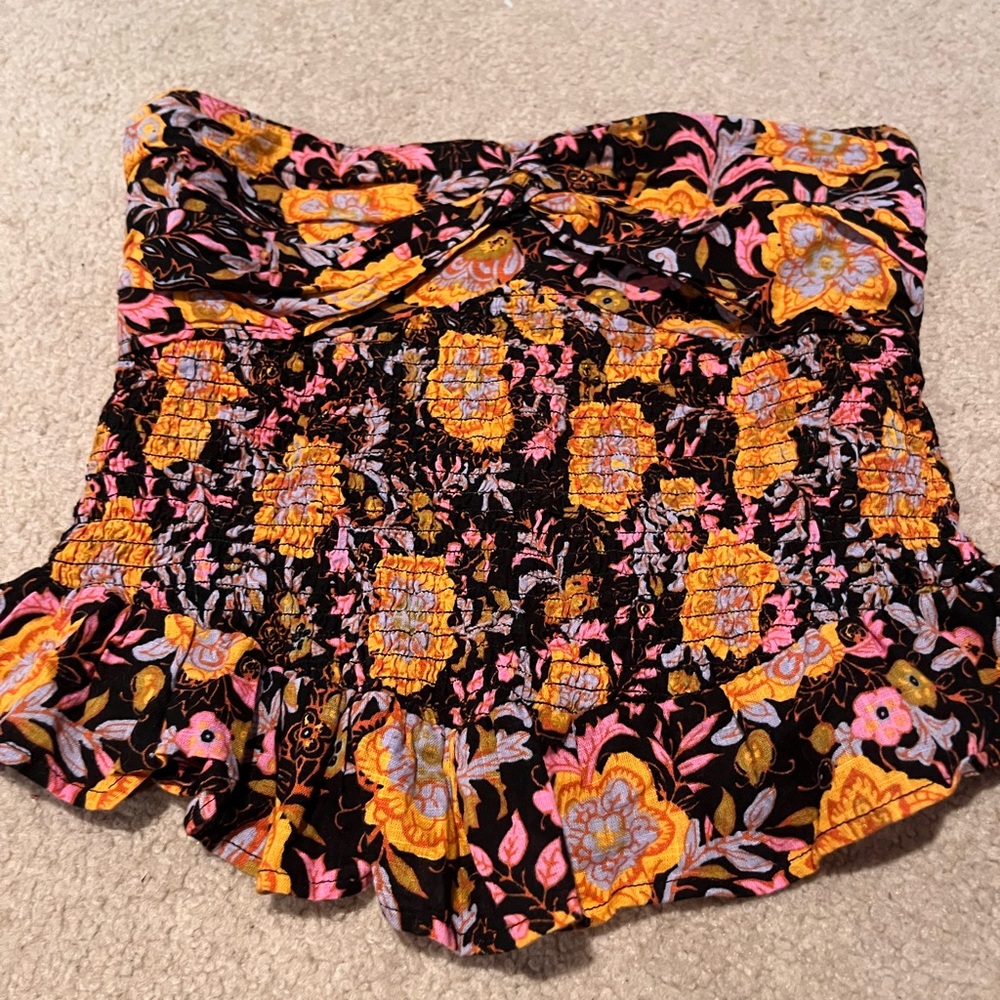 Free People Floral Black and Orange Women's Strapless Top